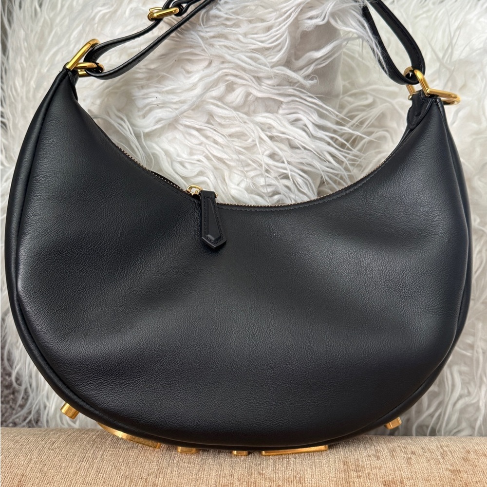Fendi Fendigraphy Black Leather Hobo Bag with Gold Accents
